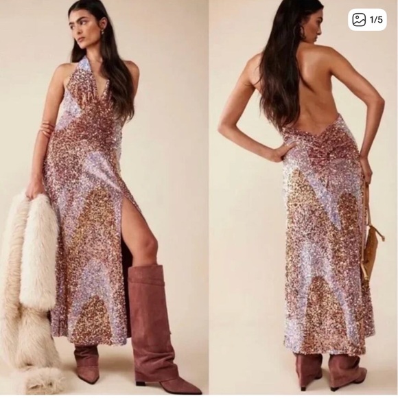 NWT Free People Glitter and Gold Sequin Pink Sweetheart Halter Velvet Slit dress - Picture 1 of 9